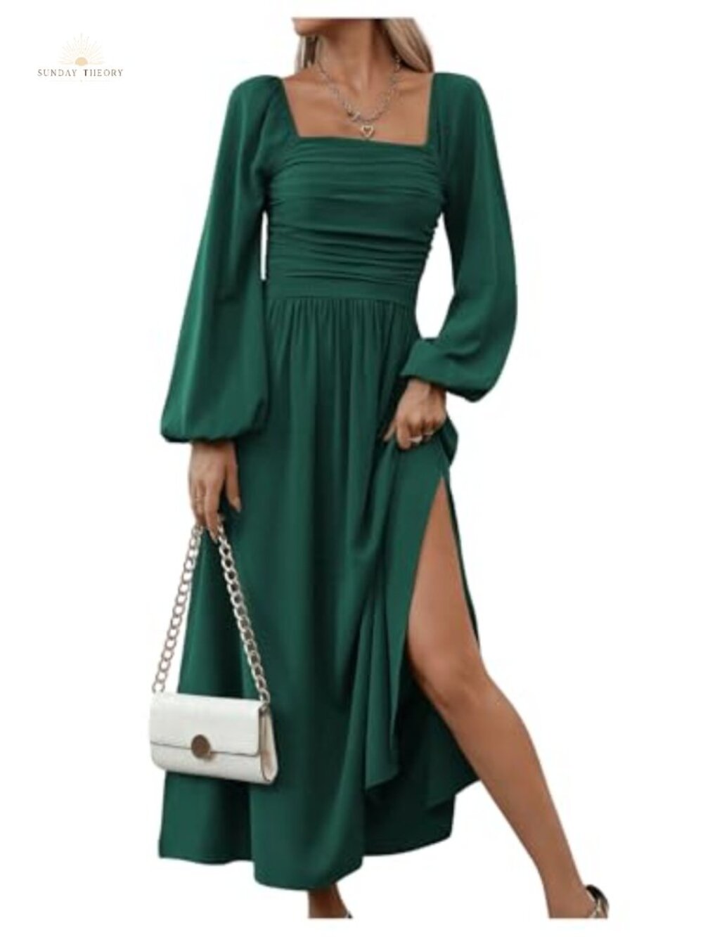Square Neck Lantern Sleeve Ruched Split Midi Dress Bodycon